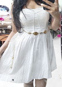 Chic White Eyelet Dress with Gold Belt