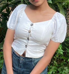 White Puff Sleeve Button Top
