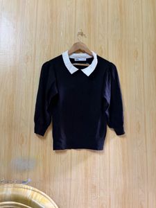 Zara Black Puff Sleeve Top with White Collar
