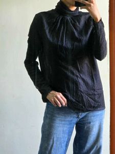 Elegant Black Textured Mock Neck Top