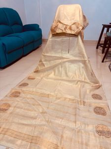 Designer Blouse &amp; Elegant Cream &amp; Gold Saree