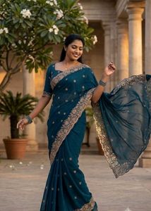 Elegant Teal Embroidered Saree