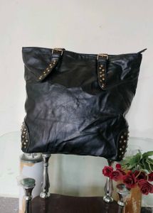 Black Faux Leather Studded Tote Bag