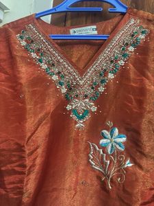 Embroidered Orange Silk Kurta
