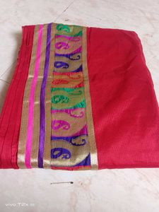 Vibrant Red Saree with Colorful Border