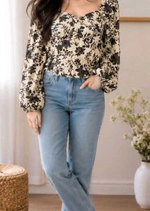 Floral Print Square Neck Long Sleeve Top