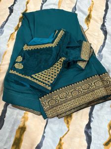 Stunning Teal Saree With Ready Blouse