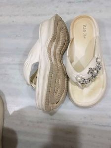 White Flip Flops with Pearl &amp; Chain Detail