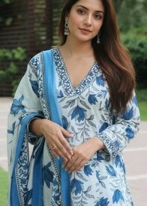 Blue Floral Print Kurta Set with Dupatta