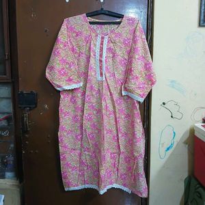 Pink Floral Print Kurta with White Lace (2 kurti)