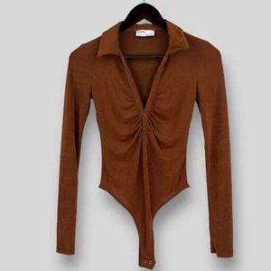 Brown Ruched Long Sleeve Bodysuit