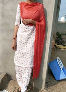 White & Red Printed Salwar Suit