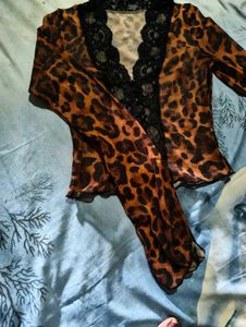 Sheer Leopard Print Lace Trim Top