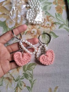 Crocheted Heart &amp; Pearl Keychain Set