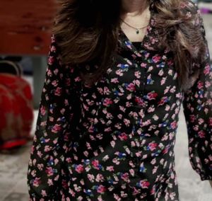 Sheer Floral Button-Up Blouse