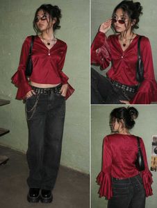 Satin Flare Sleeve V-Neck Top