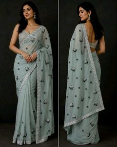 Embroidered Pastel green Saree+blouse