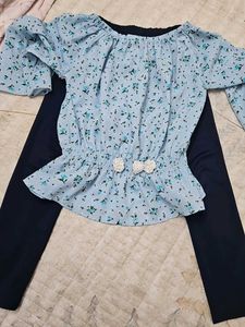 Light Blue Floral Off-Shoulder Top & Legging