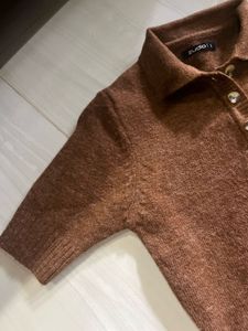 Brown Knit Collared Sweater