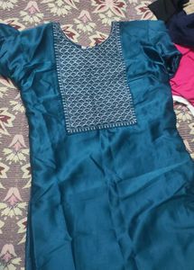 Teal Kurta with Embroidered Neckline