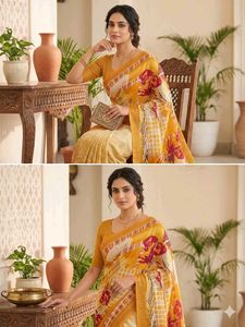 "Golden Yellow Georgette Saree with Floral Print &amp;