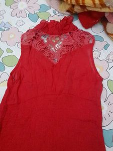Red Ruffled Neck Sleeveless Top