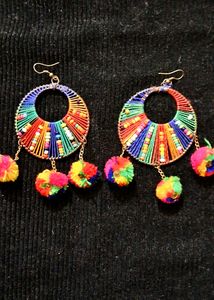 Boho Multicolor Pom Hoop Earring