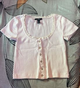White Ribbed Lace Button-Up Top