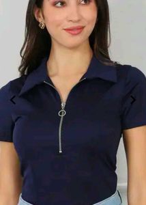 Navy Blue Zipped Collar Top