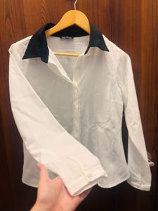 White Blouse with Black Collar