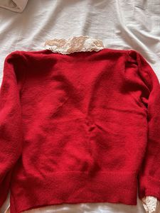 Red Cardigan with Lace Detail