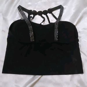 Embellished Black Blouse with Blue Accents