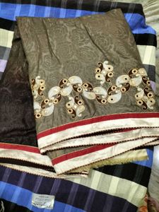 Embroidered Grey Saree with Mirror Work