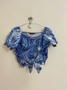 Zara Blue Leaf Print Tie-Front Crop Top