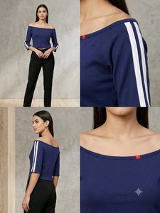 Navy Blue Off-Shoulder Striped Top