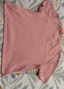 Pink Ribbed Pearl Embellished Top