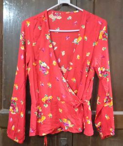 Chic Red Floral Wrap Top