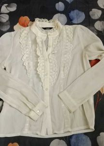 White Lace Trimmed Button-Up Blouse