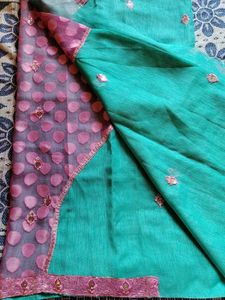 Crepe Teal with Pink Border Saree NO BLOUSE