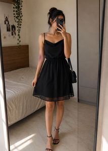 Chic Black Spaghetti Strap Dress-Knee length