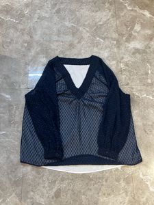 Navy Blue Sheer Textured V-Neck Top