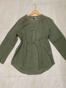 Green V-Neck Button-Up Shirt
