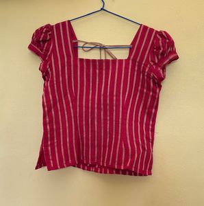 Ethnic Striped Puff-Sleeve Top For Teen Girls