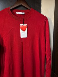 ZARA Red knit Long Sleeve Midi Dress