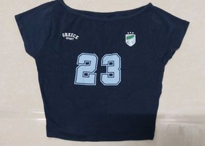 Navy Blue "Greece Sport" Cropped T-Shirt