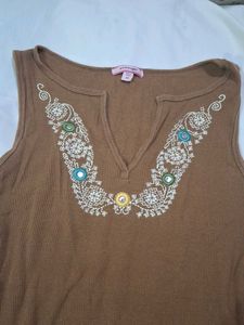 Brown Embroidered Sleeveless Top