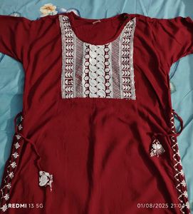 Red Embroidered Nayra Cut Kurti