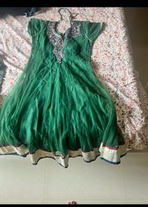 green anarkali suit with net dupatta and pajami