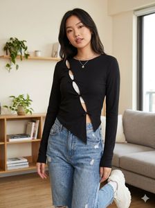 Size-S Chic Black Cutout Long Sleeve Top