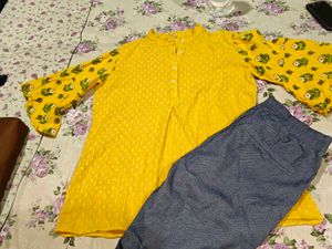Yellow Printed Kurta with Blue Pants